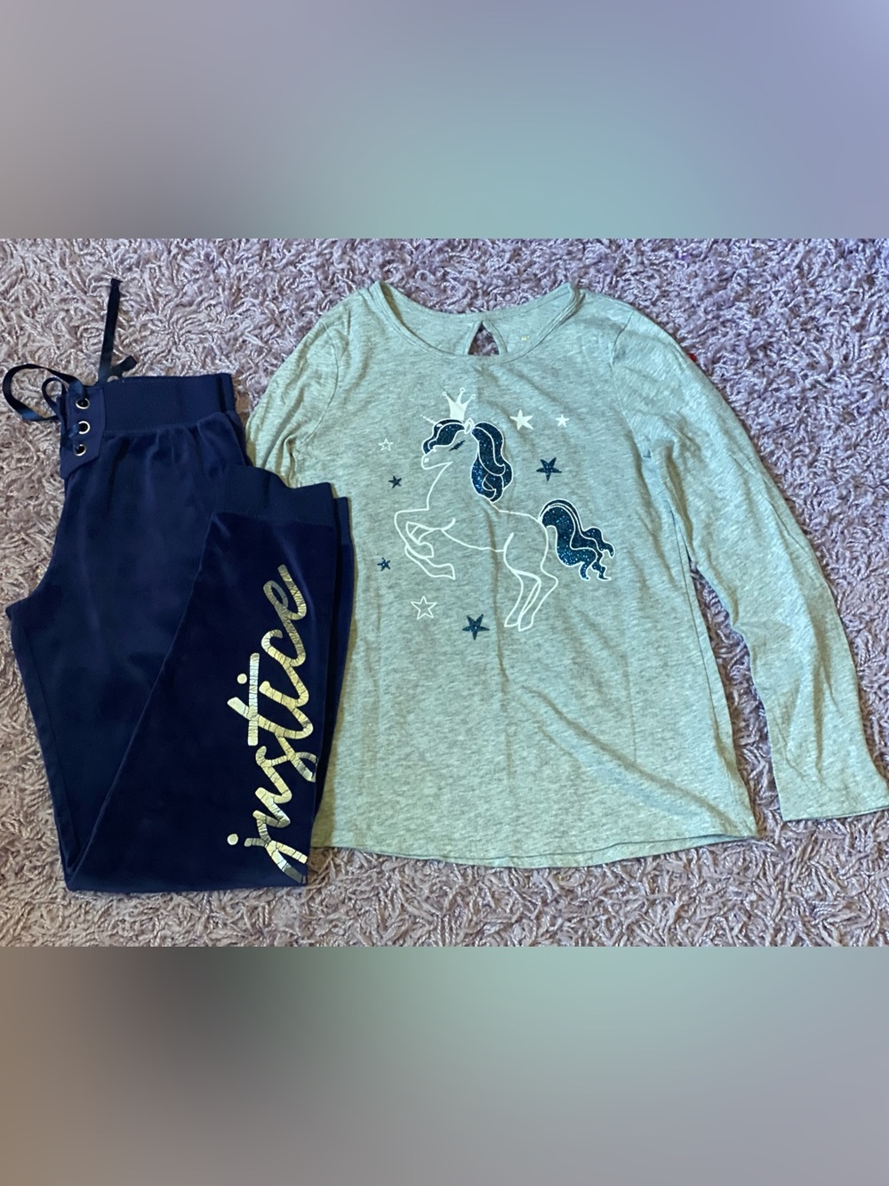 Justice Girls' Navy velour joggers & Heather Gray sparkly unicorn top size 12